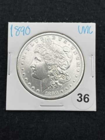 1890 UNC Morgan Silver Dollar Coin: KEY WORDS: INDIAN ARTIFACT ARTIFACTS ARROWHEAD ARROWHEADS NATIVE AMERICAN MISSISSIPPIAN QUAPAW CADDO POTTERY COINS MORGAN DOLLAR PEACE DOLLAR SILVER COINS. All coins have been Sigma tested for authent