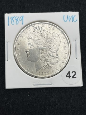 1889 UNC Morgan Silver Dollar Coin: KEY WORDS: INDIAN ARTIFACT ARTIFACTS ARROWHEAD ARROWHEADS NATIVE AMERICAN MISSISSIPPIAN QUAPAW CADDO POTTERY COINS MORGAN DOLLAR PEACE DOLLAR SILVER COINS. All coins have been Sigma tested for authent