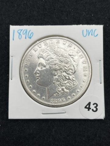 1896 UNC Morgan Silver Dollar Coin: KEY WORDS: INDIAN ARTIFACT ARTIFACTS ARROWHEAD ARROWHEADS NATIVE AMERICAN MISSISSIPPIAN QUAPAW CADDO POTTERY COINS MORGAN DOLLAR PEACE DOLLAR SILVER COINS. All coins have been Sigma tested for authent