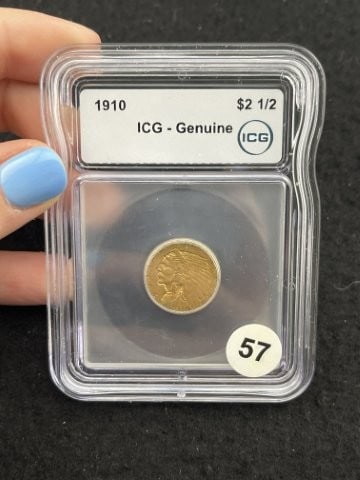 1910 ICG - Genuine $2 1/2 Dollar Gold Coin: KEY WORDS: INDIAN ARTIFACT ARTIFACTS ARROWHEAD ARROWHEADS NATIVE AMERICAN MISSISSIPPIAN QUAPAW CADDO POTTERY COINS MORGAN DOLLAR PEACE DOLLAR SILVER COINS. All coins have been Sigma tested for authent