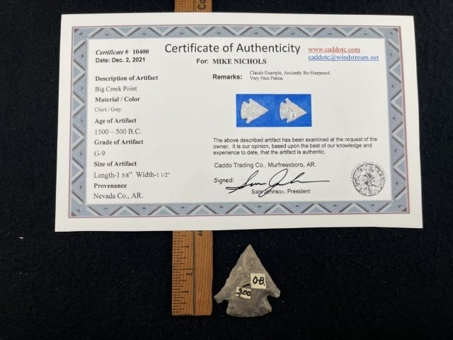 Big Creek Point with Sam Johnson COA from Nevada County, AR Indian Artifact Arrowhead: KEY WORDS: INDIAN ARTIFACT ARTIFACTS ARROWHEAD ARROWHEADS NATIVE AMERICAN MISSISSIPPIAN QUAPAW CADDO POTTERY COINS MORGAN DOLLAR PEACE DOLLAR SILVER COINS. All coins have been Sigma tested for authent