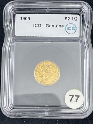 1909 ICG - Genuine $2 1/2 Dollar Gold Coin: KEY WORDS: INDIAN ARTIFACT ARTIFACTS ARROWHEAD ARROWHEADS NATIVE AMERICAN MISSISSIPPIAN QUAPAW CADDO POTTERY COINS MORGAN DOLLAR PEACE DOLLAR SILVER COINS. All coins have been Sigma tested for authent