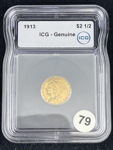 1913 ICG - Genuine $2 1/2 Dollar Gold Coin: KEY WORDS: INDIAN ARTIFACT ARTIFACTS ARROWHEAD ARROWHEADS NATIVE AMERICAN MISSISSIPPIAN QUAPAW CADDO POTTERY COINS MORGAN DOLLAR PEACE DOLLAR SILVER COINS. All coins have been Sigma tested for authent