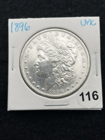 1896 UNC Morgan Silver Dollar Coin: KEY WORDS: INDIAN ARTIFACT ARTIFACTS ARROWHEAD ARROWHEADS NATIVE AMERICAN MISSISSIPPIAN QUAPAW CADDO POTTERY COINS MORGAN DOLLAR PEACE DOLLAR SILVER COINS. All coins have been Sigma tested for authent