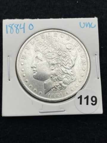 1884 O UNC Morgan Silver Dollar Coin: KEY WORDS: INDIAN ARTIFACT ARTIFACTS ARROWHEAD ARROWHEADS NATIVE AMERICAN MISSISSIPPIAN QUAPAW CADDO POTTERY COINS MORGAN DOLLAR PEACE DOLLAR SILVER COINS. All coins have been Sigma tested for authent