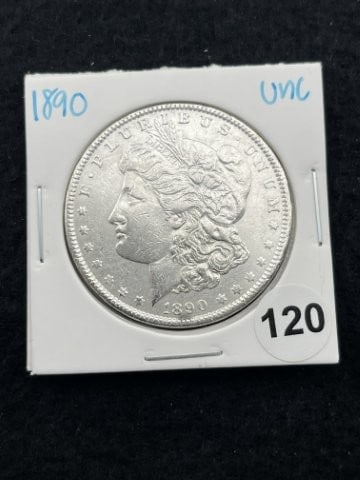 1890 UNC Morgan Silver Dollar Coin: KEY WORDS: INDIAN ARTIFACT ARTIFACTS ARROWHEAD ARROWHEADS NATIVE AMERICAN MISSISSIPPIAN QUAPAW CADDO POTTERY COINS MORGAN DOLLAR PEACE DOLLAR SILVER COINS. All coins have been Sigma tested for authent