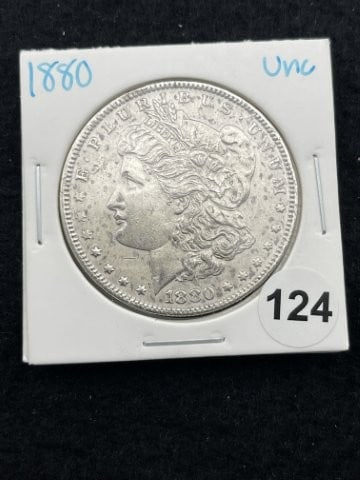 1880 UNC Morgan Silver Dollar Coin: KEY WORDS: INDIAN ARTIFACT ARTIFACTS ARROWHEAD ARROWHEADS NATIVE AMERICAN MISSISSIPPIAN QUAPAW CADDO POTTERY COINS MORGAN DOLLAR PEACE DOLLAR SILVER COINS. All coins have been Sigma tested for authent