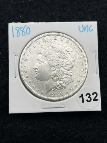 1880 UNC Morgan Silver Dollar Coin: KEY WORDS: INDIAN ARTIFACT ARTIFACTS ARROWHEAD ARROWHEADS NATIVE AMERICAN MISSISSIPPIAN QUAPAW CADDO POTTERY COINS MORGAN DOLLAR PEACE DOLLAR SILVER COINS. All coins have been Sigma tested for authent