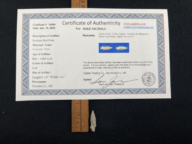 Bonham Bird Point with Sam Johnson COA from Nevada County, AR Indian Artifact Arrowhead: KEY WORDS: INDIAN ARTIFACT ARTIFACTS ARROWHEAD ARROWHEADS NATIVE AMERICAN MISSISSIPPIAN QUAPAW CADDO POTTERY COINS MORGAN DOLLAR PEACE DOLLAR SILVER COINS. All coins have been Sigma tested for authent