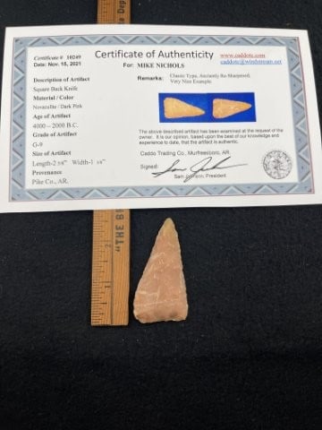 Square Back Knife with Sam Johnson COA from Pike County, AR Indian Artifact Arrowhead (1 of 6)