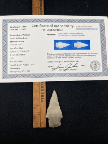 Adena Robbins Point with Sam Johnson COA from Montgomery County, AR Indian Artifact Arrowhead (1 of 6)