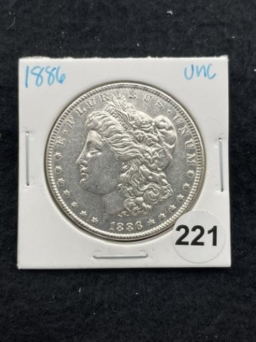 1886 UNC Morgan Silver Dollar Coin: KEY WORDS: INDIAN ARTIFACT ARTIFACTS ARROWHEAD ARROWHEADS NATIVE AMERICAN MISSISSIPPIAN QUAPAW CADDO POTTERY COINS MORGAN DOLLAR PEACE DOLLAR SILVER COINS. All coins have been Sigma tested for authent
