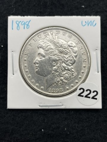 1898 UNC Morgan Silver Dollar Coin: KEY WORDS: INDIAN ARTIFACT ARTIFACTS ARROWHEAD ARROWHEADS NATIVE AMERICAN MISSISSIPPIAN QUAPAW CADDO POTTERY COINS MORGAN DOLLAR PEACE DOLLAR SILVER COINS. All coins have been Sigma tested for authent