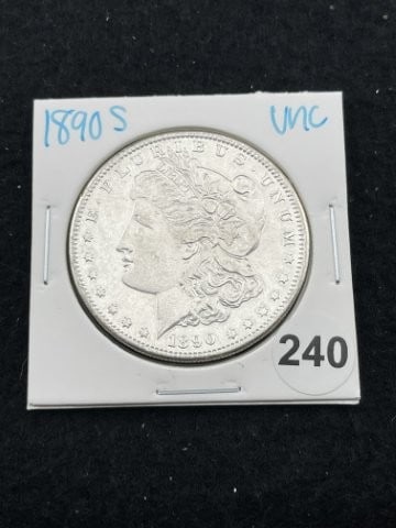 1890 S UNC Morgan Silver Dollar Coin: KEY WORDS: INDIAN ARTIFACT ARTIFACTS ARROWHEAD ARROWHEADS NATIVE AMERICAN MISSISSIPPIAN QUAPAW CADDO POTTERY COINS MORGAN DOLLAR PEACE DOLLAR SILVER COINS. All coins have been Sigma tested for authent