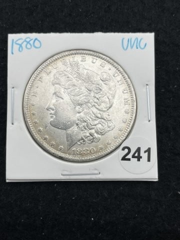1880 UNC Morgan Silver Dollar Coin: KEY WORDS: INDIAN ARTIFACT ARTIFACTS ARROWHEAD ARROWHEADS NATIVE AMERICAN MISSISSIPPIAN QUAPAW CADDO POTTERY COINS MORGAN DOLLAR PEACE DOLLAR SILVER COINS. All coins have been Sigma tested for authent