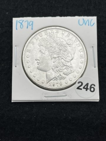 1879 UNC Morgan Silver Dollar Coin: KEY WORDS: INDIAN ARTIFACT ARTIFACTS ARROWHEAD ARROWHEADS NATIVE AMERICAN MISSISSIPPIAN QUAPAW CADDO POTTERY COINS MORGAN DOLLAR PEACE DOLLAR SILVER COINS. All coins have been Sigma tested for authent