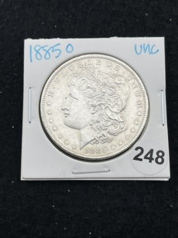1885 O UNC Morgan Silver Dollar Coin: KEY WORDS: INDIAN ARTIFACT ARTIFACTS ARROWHEAD ARROWHEADS NATIVE AMERICAN MISSISSIPPIAN QUAPAW CADDO POTTERY COINS MORGAN DOLLAR PEACE DOLLAR SILVER COINS. All coins have been Sigma tested for authent