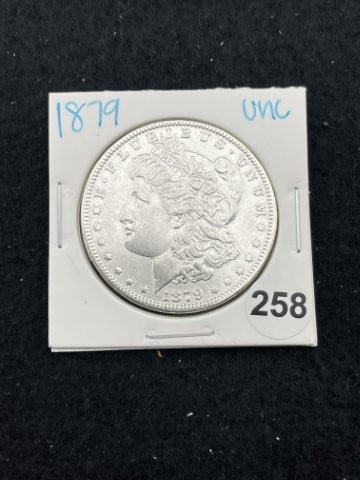 1879 UNC Morgan Silver Dollar Coin: KEY WORDS: INDIAN ARTIFACT ARTIFACTS ARROWHEAD ARROWHEADS NATIVE AMERICAN MISSISSIPPIAN QUAPAW CADDO POTTERY COINS MORGAN DOLLAR PEACE DOLLAR SILVER COINS. All coins have been Sigma tested for authent