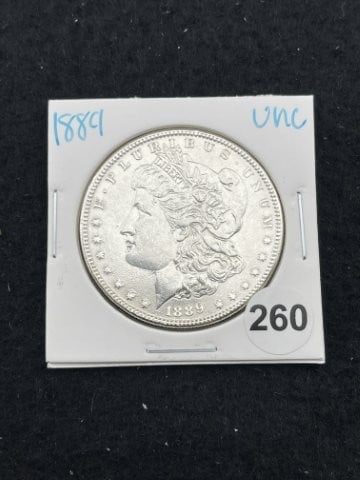 1889 UNC Morgan Silver Dollar Coin: KEY WORDS: INDIAN ARTIFACT ARTIFACTS ARROWHEAD ARROWHEADS NATIVE AMERICAN MISSISSIPPIAN QUAPAW CADDO POTTERY COINS MORGAN DOLLAR PEACE DOLLAR SILVER COINS. All coins have been Sigma tested for authent