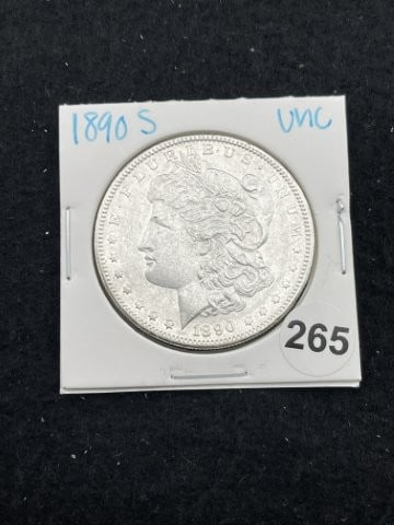 1890 S UNC Morgan Silver Dollar Coin: KEY WORDS: INDIAN ARTIFACT ARTIFACTS ARROWHEAD ARROWHEADS NATIVE AMERICAN MISSISSIPPIAN QUAPAW CADDO POTTERY COINS MORGAN DOLLAR PEACE DOLLAR SILVER COINS. All coins have been Sigma tested for authent