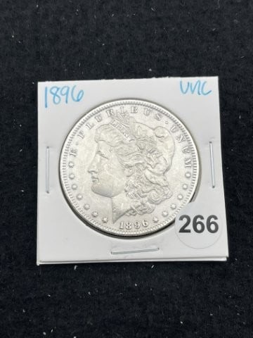 1896 UNC Morgan Silver Dollar Coin: KEY WORDS: INDIAN ARTIFACT ARTIFACTS ARROWHEAD ARROWHEADS NATIVE AMERICAN MISSISSIPPIAN QUAPAW CADDO POTTERY COINS MORGAN DOLLAR PEACE DOLLAR SILVER COINS. All coins have been Sigma tested for authent