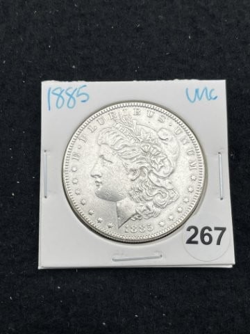 1885 UNC Morgan Silver Dollar Coin: KEY WORDS: INDIAN ARTIFACT ARTIFACTS ARROWHEAD ARROWHEADS NATIVE AMERICAN MISSISSIPPIAN QUAPAW CADDO POTTERY COINS MORGAN DOLLAR PEACE DOLLAR SILVER COINS. All coins have been Sigma tested for authent