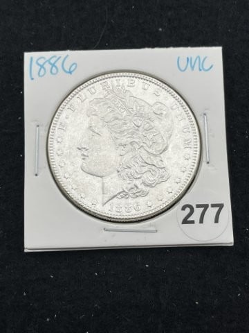 1886 UNC Morgan Silver Dollar Coin: KEY WORDS: INDIAN ARTIFACT ARTIFACTS ARROWHEAD ARROWHEADS NATIVE AMERICAN MISSISSIPPIAN QUAPAW CADDO POTTERY COINS MORGAN DOLLAR PEACE DOLLAR SILVER COINS. All coins have been Sigma tested for authent