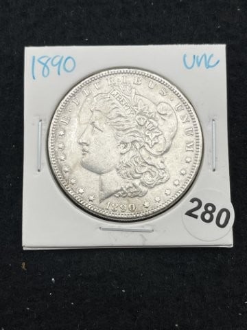 1890 UNC Morgan Silver Dollar Coin: KEY WORDS: INDIAN ARTIFACT ARTIFACTS ARROWHEAD ARROWHEADS NATIVE AMERICAN MISSISSIPPIAN QUAPAW CADDO POTTERY COINS MORGAN DOLLAR PEACE DOLLAR SILVER COINS. All coins have been Sigma tested for authent