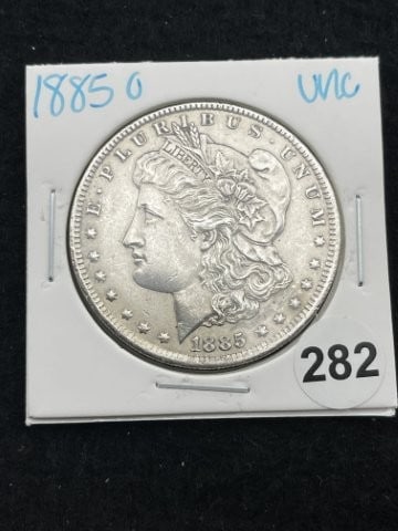 1885 O UNC Morgan Silver Dollar Coin: KEY WORDS: INDIAN ARTIFACT ARTIFACTS ARROWHEAD ARROWHEADS NATIVE AMERICAN MISSISSIPPIAN QUAPAW CADDO POTTERY COINS MORGAN DOLLAR PEACE DOLLAR SILVER COINS. All coins have been Sigma tested for authent