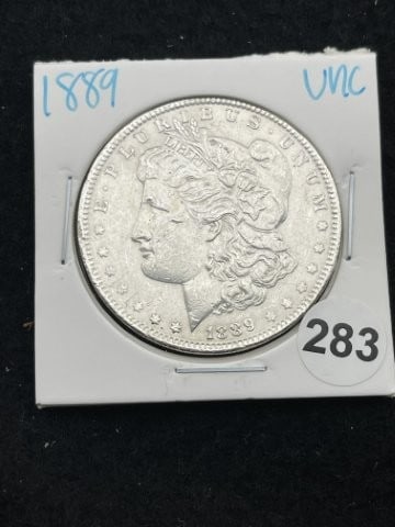1889 UNC Morgan Silver Dollar Coin: KEY WORDS: INDIAN ARTIFACT ARTIFACTS ARROWHEAD ARROWHEADS NATIVE AMERICAN MISSISSIPPIAN QUAPAW CADDO POTTERY COINS MORGAN DOLLAR PEACE DOLLAR SILVER COINS. All coins have been Sigma tested for authent