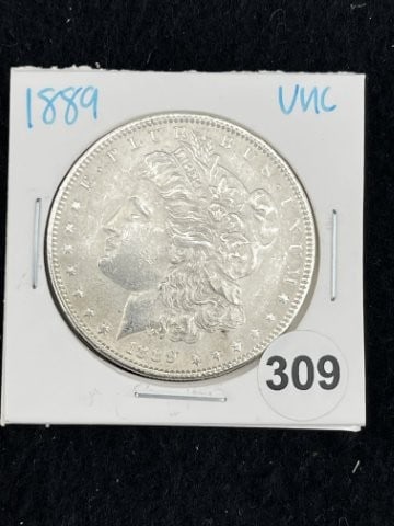 1889 UNC Morgan Silver Dollar Coin: KEY WORDS: INDIAN ARTIFACT ARTIFACTS ARROWHEAD ARROWHEADS NATIVE AMERICAN MISSISSIPPIAN QUAPAW CADDO POTTERY COINS MORGAN DOLLAR PEACE DOLLAR SILVER COINS. All coins have been Sigma tested for authent
