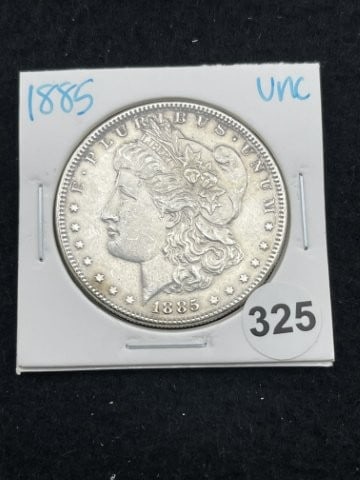 1885 UNC Morgan Silver Dollar Coin: KEY WORDS: INDIAN ARTIFACT ARTIFACTS ARROWHEAD ARROWHEADS NATIVE AMERICAN MISSISSIPPIAN QUAPAW CADDO POTTERY COINS MORGAN DOLLAR PEACE DOLLAR SILVER COINS. All coins have been Sigma tested for authent