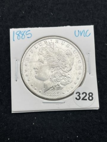 1885 UNC Morgan Silver Dollar Coin: KEY WORDS: INDIAN ARTIFACT ARTIFACTS ARROWHEAD ARROWHEADS NATIVE AMERICAN MISSISSIPPIAN QUAPAW CADDO POTTERY COINS MORGAN DOLLAR PEACE DOLLAR SILVER COINS. All coins have been Sigma tested for authent