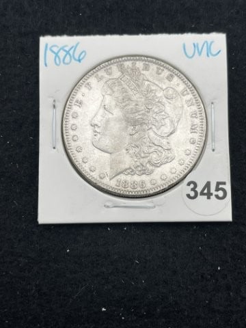 1886 UNC Morgan Silver Dollar Coin: KEY WORDS: INDIAN ARTIFACT ARTIFACTS ARROWHEAD ARROWHEADS NATIVE AMERICAN MISSISSIPPIAN QUAPAW CADDO POTTERY COINS MORGAN DOLLAR PEACE DOLLAR SILVER COINS. All coins have been Sigma tested for authent