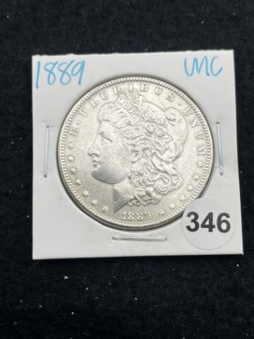 1889 UNC Morgan Silver Dollar Coin: KEY WORDS: INDIAN ARTIFACT ARTIFACTS ARROWHEAD ARROWHEADS NATIVE AMERICAN MISSISSIPPIAN QUAPAW CADDO POTTERY COINS MORGAN DOLLAR PEACE DOLLAR SILVER COINS. All coins have been Sigma tested for authent