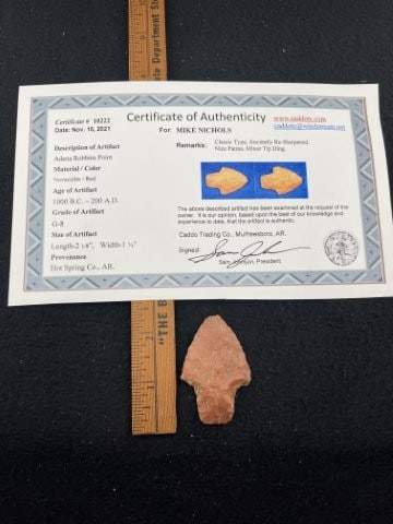Adena Robbins Point with Sam Johnson COA from Hot Springs County, AR Indian Artifact Arrowhead (1 of 6)