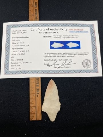 Gary Point with Sam Johnson COA from Pike County, AR Indian Artifact Arrowhead (1 of 6)