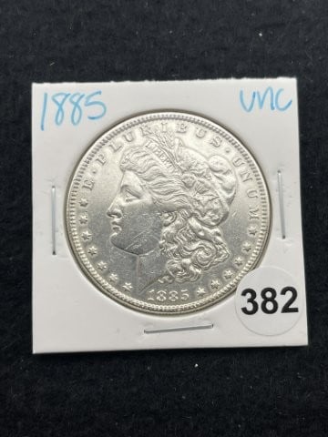 1885 UNC Morgan Silver Dollar Coin: KEY WORDS: INDIAN ARTIFACT ARTIFACTS ARROWHEAD ARROWHEADS NATIVE AMERICAN MISSISSIPPIAN QUAPAW CADDO POTTERY COINS MORGAN DOLLAR PEACE DOLLAR SILVER COINS. All coins have been Sigma tested for authent