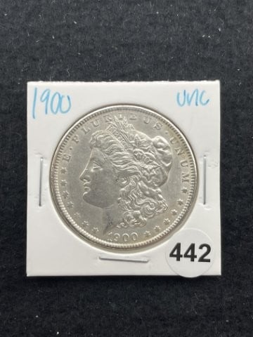 1900 UNC Morgan Silver Dollar Coin: KEY WORDS: INDIAN ARTIFACT ARTIFACTS ARROWHEAD ARROWHEADS NATIVE AMERICAN MISSISSIPPIAN QUAPAW CADDO POTTERY COINS MORGAN DOLLAR PEACE DOLLAR SILVER COINS. All coins have been Sigma tested for authent