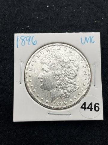1896 UNC Morgan Silver Dollar Coin: KEY WORDS: INDIAN ARTIFACT ARTIFACTS ARROWHEAD ARROWHEADS NATIVE AMERICAN MISSISSIPPIAN QUAPAW CADDO POTTERY COINS MORGAN DOLLAR PEACE DOLLAR SILVER COINS. All coins have been Sigma tested for authent