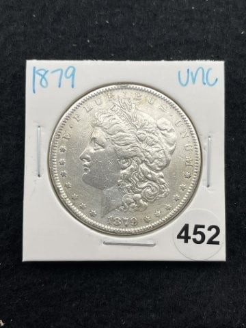 1879 UNC Morgan Silver Dollar Coin: KEY WORDS: INDIAN ARTIFACT ARTIFACTS ARROWHEAD ARROWHEADS NATIVE AMERICAN MISSISSIPPIAN QUAPAW CADDO POTTERY COINS MORGAN DOLLAR PEACE DOLLAR SILVER COINS. All coins have been Sigma tested for authent