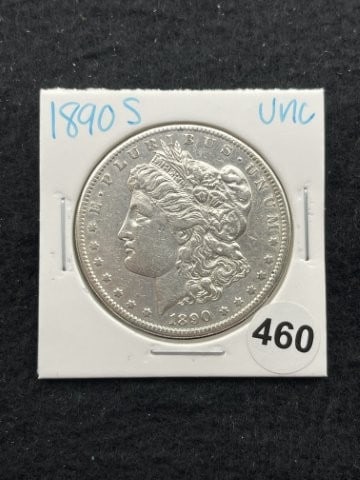 1890 S UNC Morgan Silver Dollar Coin: KEY WORDS: INDIAN ARTIFACT ARTIFACTS ARROWHEAD ARROWHEADS NATIVE AMERICAN MISSISSIPPIAN QUAPAW CADDO POTTERY COINS MORGAN DOLLAR PEACE DOLLAR SILVER COINS. All coins have been Sigma tested for authent