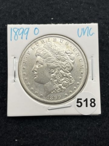 1899 O UNC Morgan Silver Dollar Coin: KEY WORDS: INDIAN ARTIFACT ARTIFACTS ARROWHEAD ARROWHEADS NATIVE AMERICAN MISSISSIPPIAN QUAPAW CADDO POTTERY COINS MORGAN DOLLAR PEACE DOLLAR SILVER COINS. All coins have been Sigma tested for authent