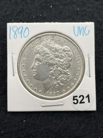 1890 UNC Morgan Silver Dollar Coin: KEY WORDS: INDIAN ARTIFACT ARTIFACTS ARROWHEAD ARROWHEADS NATIVE AMERICAN MISSISSIPPIAN QUAPAW CADDO POTTERY COINS MORGAN DOLLAR PEACE DOLLAR SILVER COINS. All coins have been Sigma tested for authent