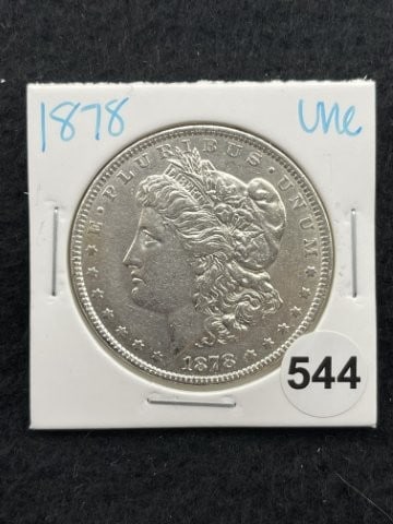 1878 UNC Morgan Silver Dollar Coin: KEY WORDS: INDIAN ARTIFACT ARTIFACTS ARROWHEAD ARROWHEADS NATIVE AMERICAN MISSISSIPPIAN QUAPAW CADDO POTTERY COINS MORGAN DOLLAR PEACE DOLLAR SILVER COINS. All coins have been Sigma tested for authent