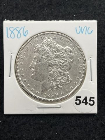 1886 UNC Morgan Silver Dollar Coin: KEY WORDS: INDIAN ARTIFACT ARTIFACTS ARROWHEAD ARROWHEADS NATIVE AMERICAN MISSISSIPPIAN QUAPAW CADDO POTTERY COINS MORGAN DOLLAR PEACE DOLLAR SILVER COINS. All coins have been Sigma tested for authent
