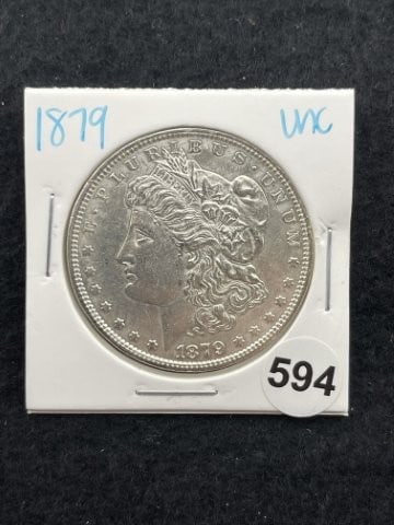 1879 UNC Morgan Silver Dollar Coin: KEY WORDS: INDIAN ARTIFACT ARTIFACTS ARROWHEAD ARROWHEADS NATIVE AMERICAN MISSISSIPPIAN QUAPAW CADDO POTTERY COINS MORGAN DOLLAR PEACE DOLLAR SILVER COINS. All coins have been Sigma tested for