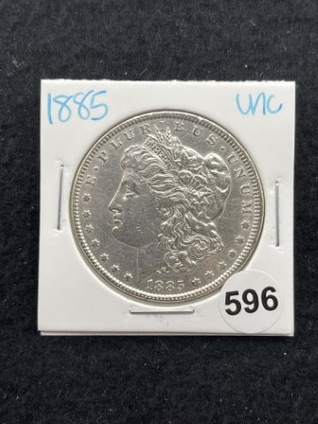 1885 UNC Morgan Silver Dollar Coin: KEY WORDS: INDIAN ARTIFACT ARTIFACTS ARROWHEAD ARROWHEADS NATIVE AMERICAN MISSISSIPPIAN QUAPAW CADDO POTTERY COINS MORGAN DOLLAR PEACE DOLLAR SILVER COINS. All coins have been Sigma tested for authent