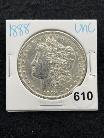 1888 UNC Morgan Silver Dollar Coin: KEY WORDS: INDIAN ARTIFACT ARTIFACTS ARROWHEAD ARROWHEADS NATIVE AMERICAN MISSISSIPPIAN QUAPAW CADDO POTTERY COINS MORGAN DOLLAR PEACE DOLLAR SILVER COINS. All coins have been Sigma tested for authent