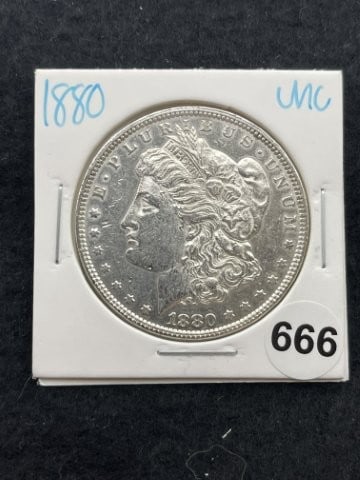 1880 UNC Morgan Silver Dollar Coin: KEY WORDS: INDIAN ARTIFACT ARTIFACTS ARROWHEAD ARROWHEADS NATIVE AMERICAN MISSISSIPPIAN QUAPAW CADDO POTTERY COINS MORGAN DOLLAR PEACE DOLLAR SILVER COINS. All coins have been Sigma tested for authent